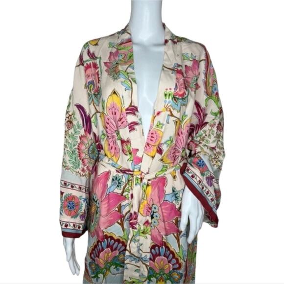 ZARA Pink Printed Belted Long Line Open Front Kimono Robe Duster Sz XS S M New - Picture 8 of 15